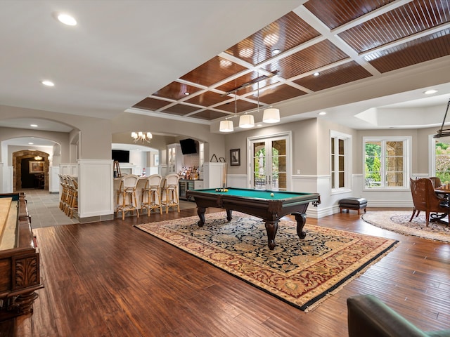 game room featuring coffered ceiling, a wainscoted wall, wood-type flooring, pool table, and french doors