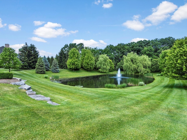 surrounding community featuring a water view and a lawn