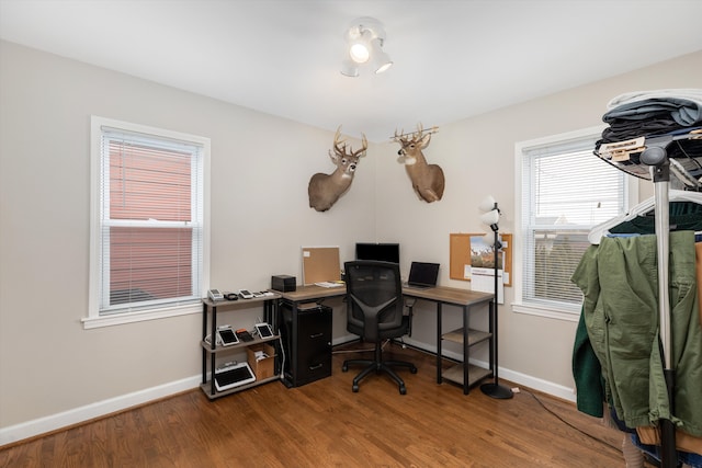 office with baseboards and wood finished floors