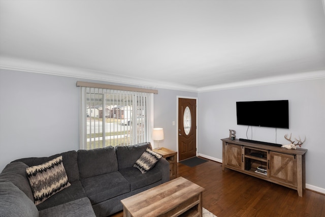 living room featuring baseboards, ornamental molding, and dark wood-style flooring