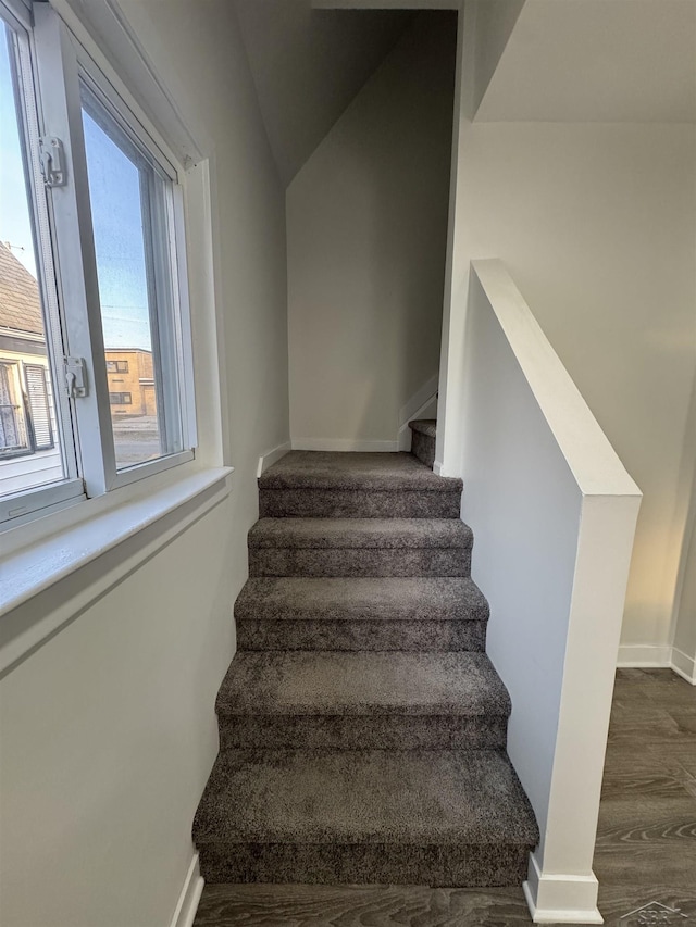 stairway with baseboards and wood finished floors