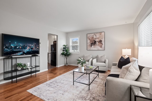 living area with wood finished floors, a wealth of natural light, and baseboards