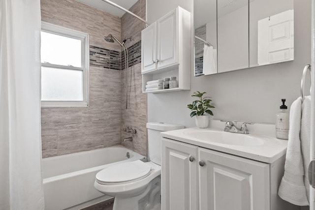 bathroom with vanity, shower / bath combination with curtain, and toilet