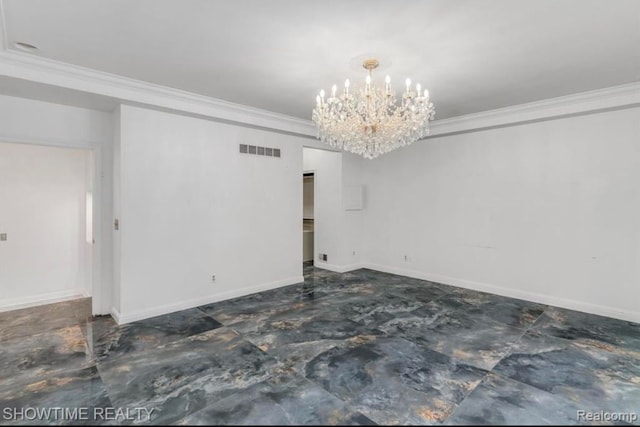 interior space with crown molding, baseboards, visible vents, and an inviting chandelier