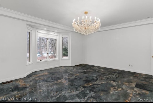 unfurnished dining area with baseboards, visible vents, a chandelier, and crown molding