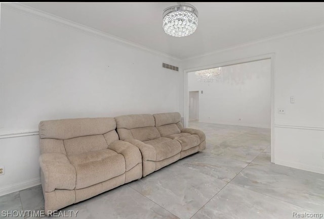 living area featuring a chandelier, visible vents, baseboards, marble finish floor, and ornamental molding