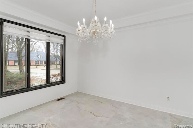 unfurnished room featuring visible vents, crown molding, baseboards, and an inviting chandelier