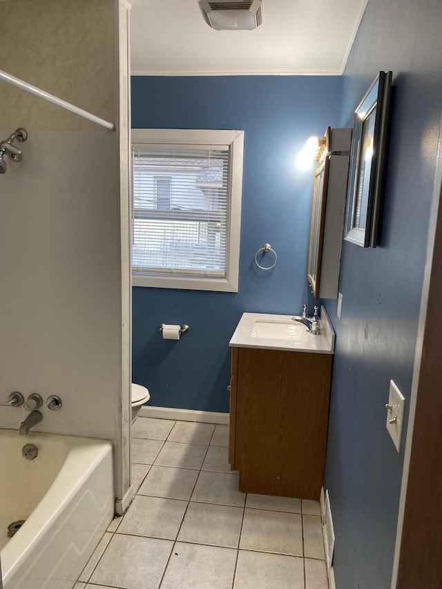 full bath featuring visible vents, toilet, ornamental molding, tile patterned floors, and vanity