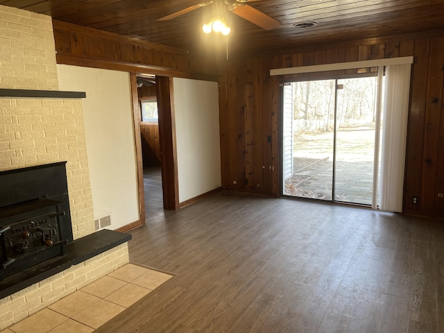 2609 Stanley Ave, Portage, MI 49002 - unfurnished living room featuring visible vents, ceiling fan, wooden walls, and wood ceiling