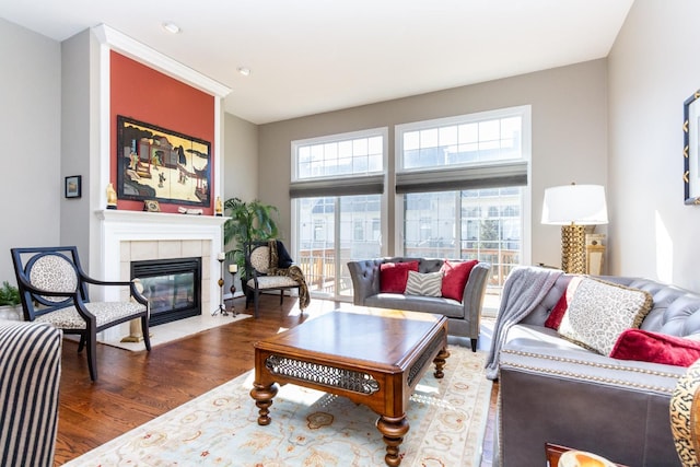 living area featuring a fireplace and wood finished floors