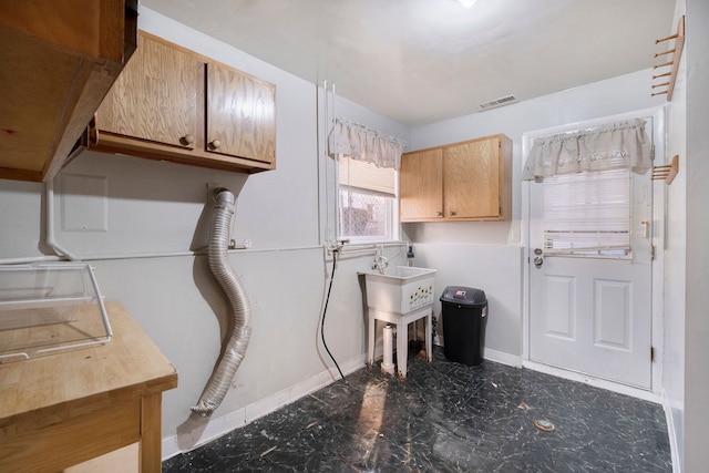 clothes washing area with cabinet space, baseboards, visible vents, and a sink