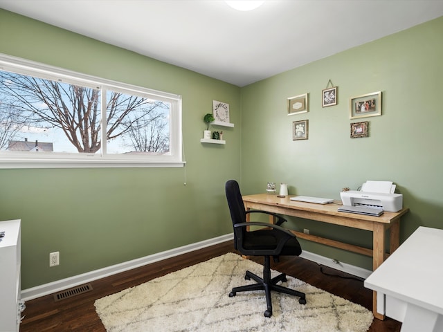 home office with visible vents, baseboards, and wood finished floors