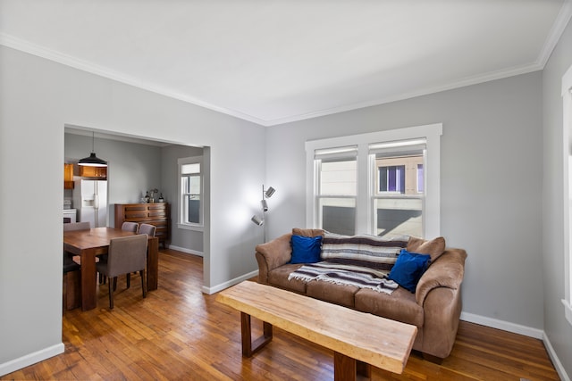 living room with wood-type flooring, baseboards, and ornamental molding