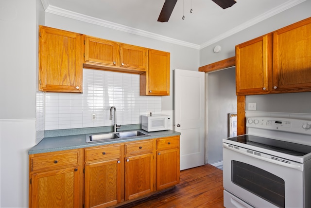 kitchen with tasteful backsplash, ornamental molding, dark wood-type flooring, a sink, and white appliances