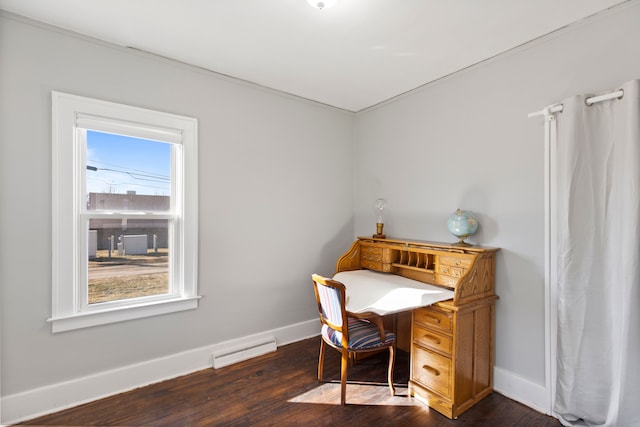 home office featuring wood finished floors, visible vents, and baseboards