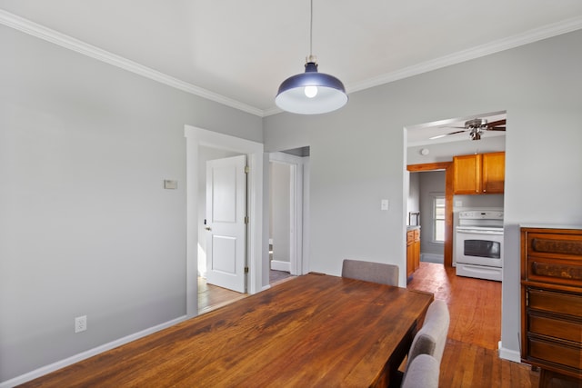 dining area featuring a ceiling fan, crown molding, baseboards, and wood finished floors