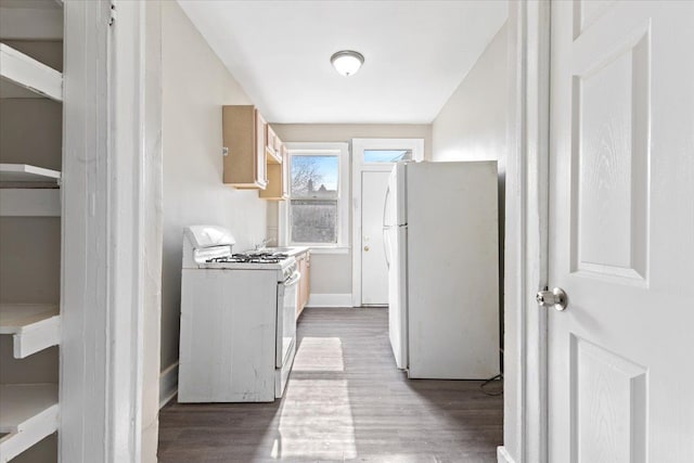 kitchen with white appliances, baseboards, and wood finished floors