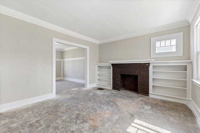 unfurnished living room featuring ornamental molding, a brick fireplace, and baseboards