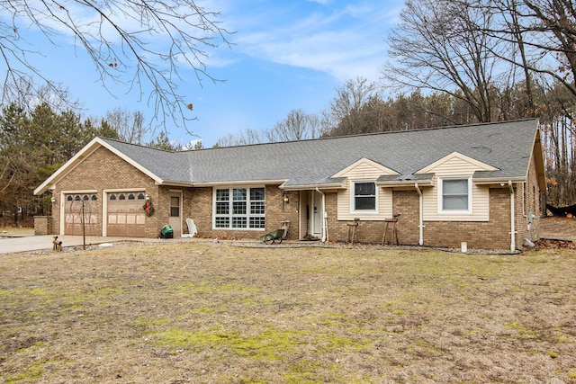 ranch-style home with an attached garage, driveway, a shingled roof, and brick siding