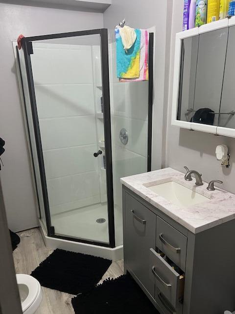 full bathroom with a stall shower, wood finished floors, and vanity