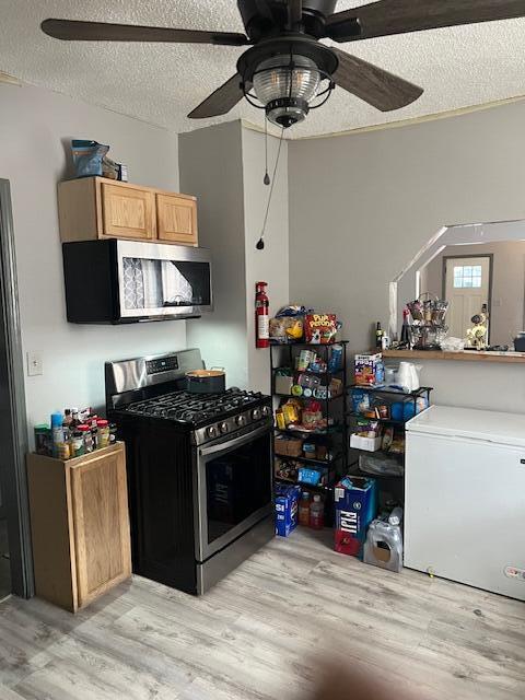 kitchen with light wood-type flooring, ceiling fan, appliances with stainless steel finishes, and a textured ceiling