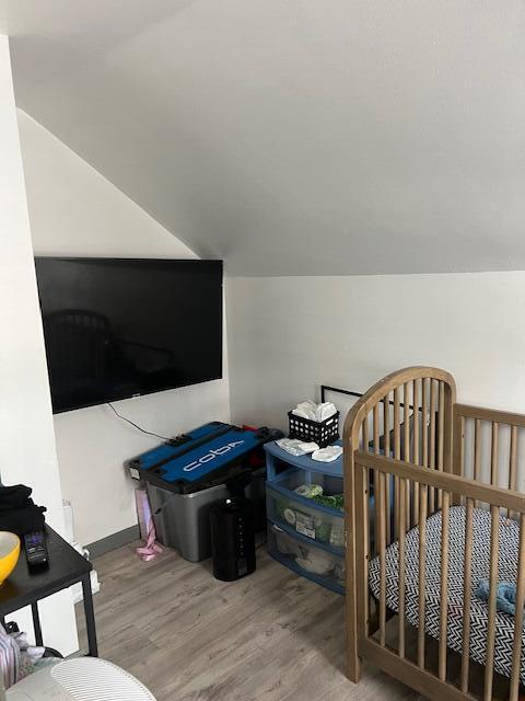 bedroom featuring vaulted ceiling and wood finished floors