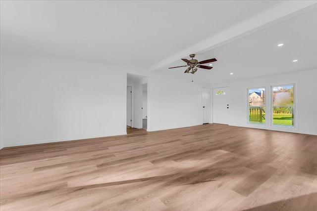 unfurnished living room with light wood-type flooring, a ceiling fan, beamed ceiling, and recessed lighting