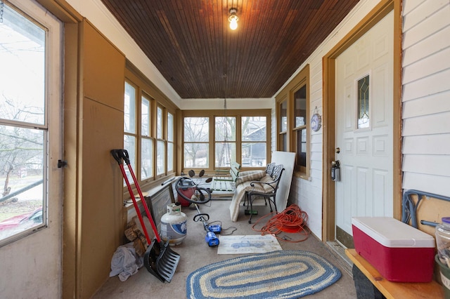 sunroom with wood ceiling