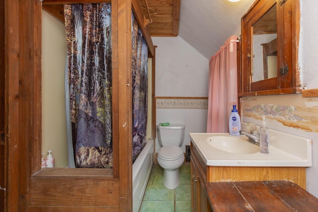 bathroom with shower / tub combo, toilet, tile patterned flooring, vaulted ceiling, and vanity