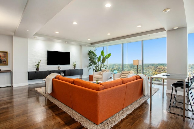 living room with a wall of windows, a raised ceiling, dark wood finished floors, and baseboards