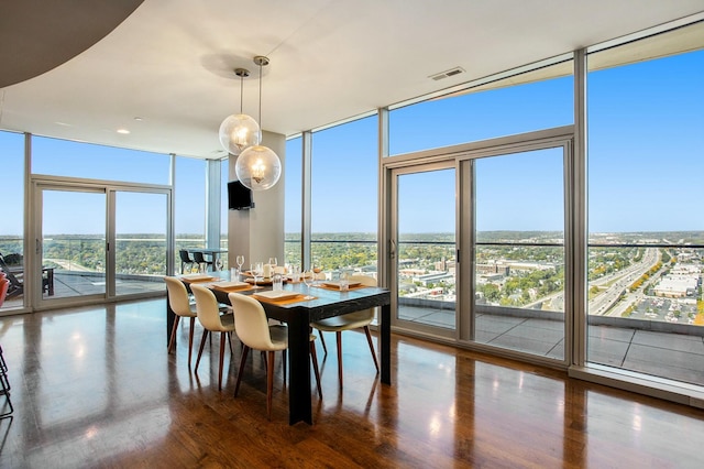 dining room with a healthy amount of sunlight, expansive windows, and wood finished floors