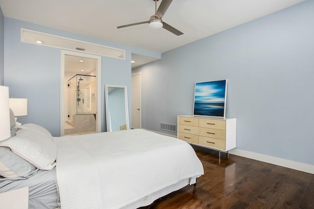 bedroom featuring dark wood finished floors, visible vents, ensuite bathroom, ceiling fan, and baseboards