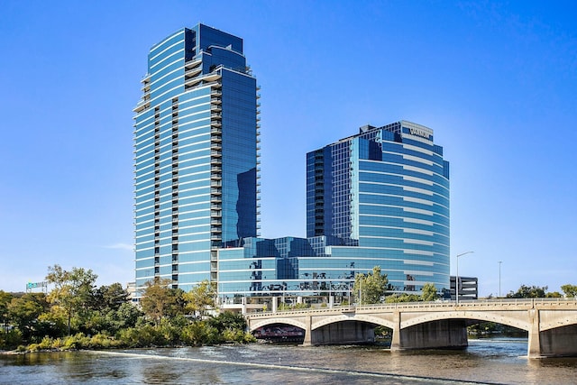 view of building exterior with a water view