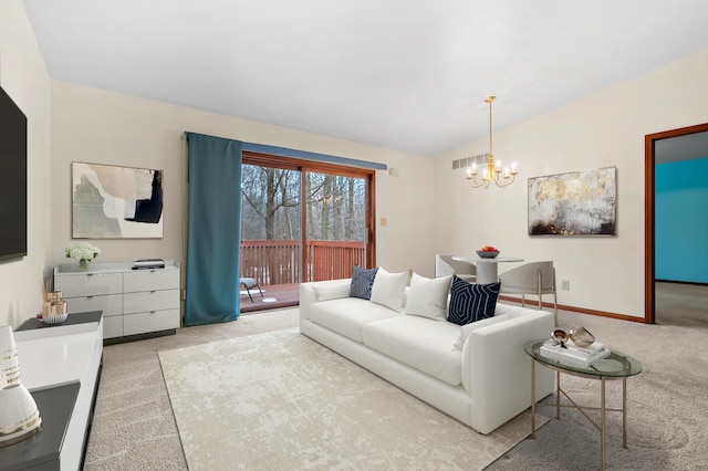 carpeted living room with visible vents, vaulted ceiling, baseboards, and an inviting chandelier