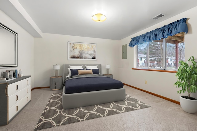 bedroom with light carpet, baseboards, and visible vents