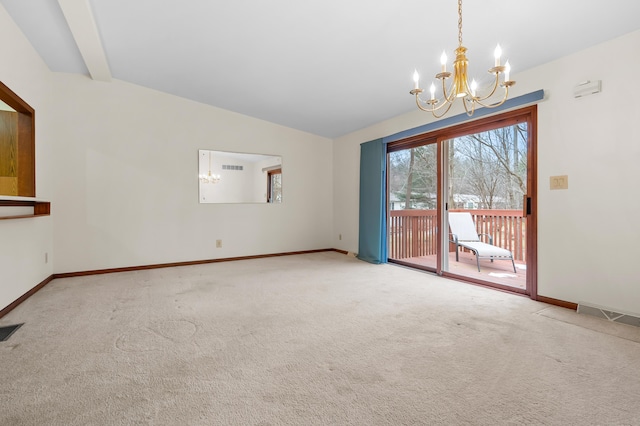 unfurnished room featuring lofted ceiling, an inviting chandelier, baseboards, and carpet floors