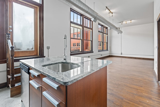 kitchen with a kitchen island with sink, a sink, light wood-type flooring, dishwasher, and rail lighting