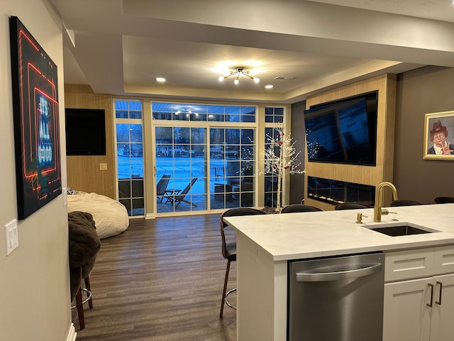 kitchen featuring dark wood-type flooring, a sink, white cabinetry, stainless steel dishwasher, and a tray ceiling