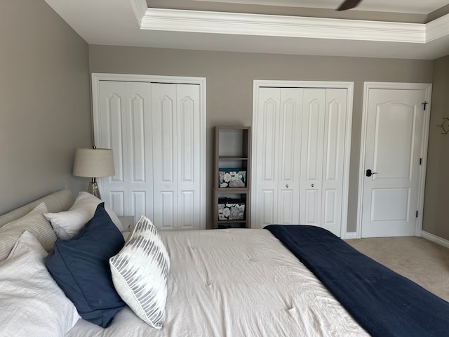 carpeted bedroom with baseboards, ornamental molding, a raised ceiling, and multiple closets