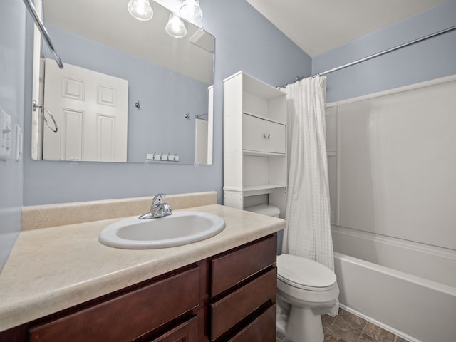 full bathroom with vanity, toilet, and shower / bathtub combination with curtain