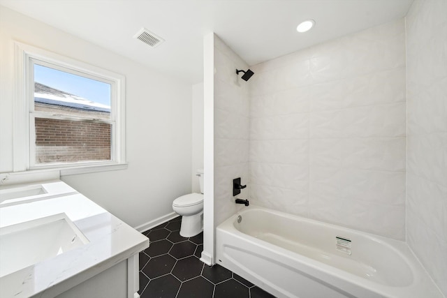 full bathroom with toilet, visible vents,  shower combination, tile patterned floors, and double vanity