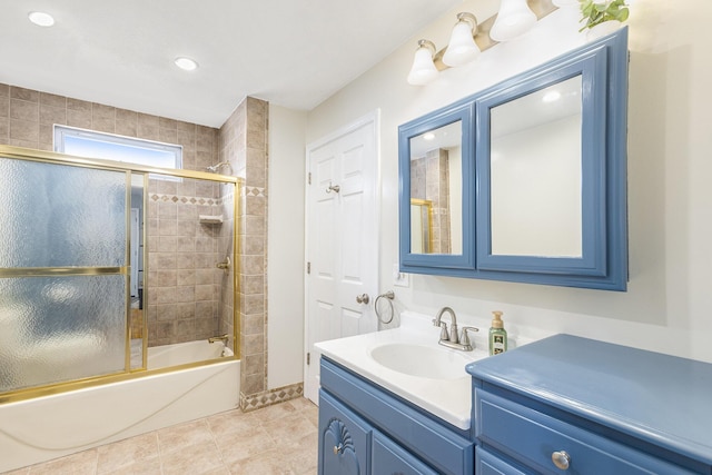 full bath with recessed lighting, shower / bath combination with glass door, vanity, and tile patterned floors