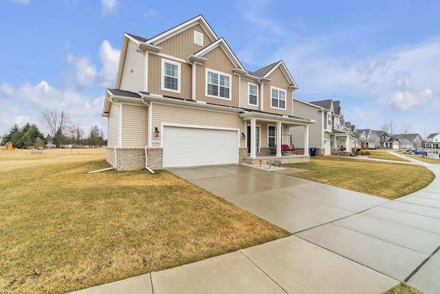 craftsman inspired home with a residential view, concrete driveway, an attached garage, and a front lawn