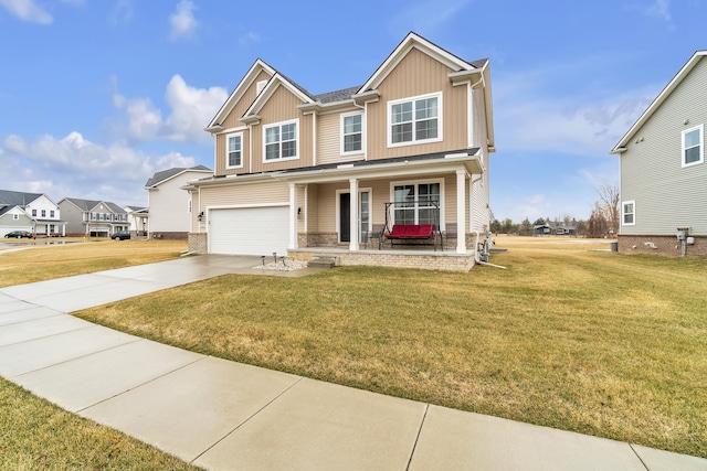 view of front of house with a garage, covered porch, driveway, board and batten siding, and a front yard