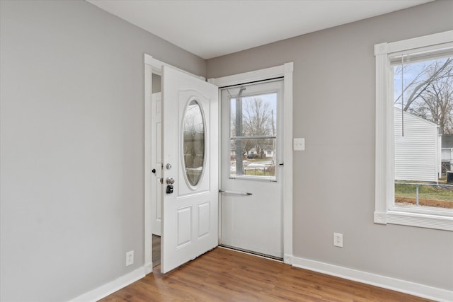 foyer with wood finished floors, a wealth of natural light, and baseboards