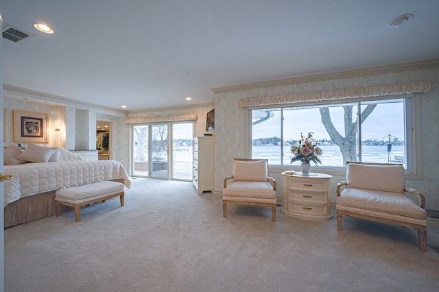 bedroom featuring visible vents, ornamental molding, access to exterior, carpet floors, and recessed lighting