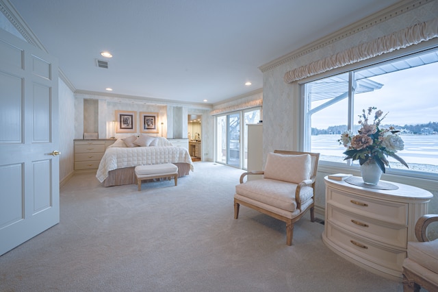 bedroom with light carpet, wallpapered walls, visible vents, ornamental molding, and access to exterior