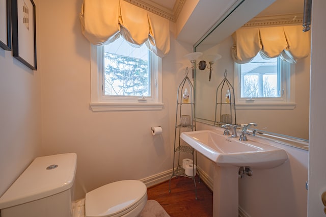 bathroom with toilet, a sink, baseboards, and wood finished floors