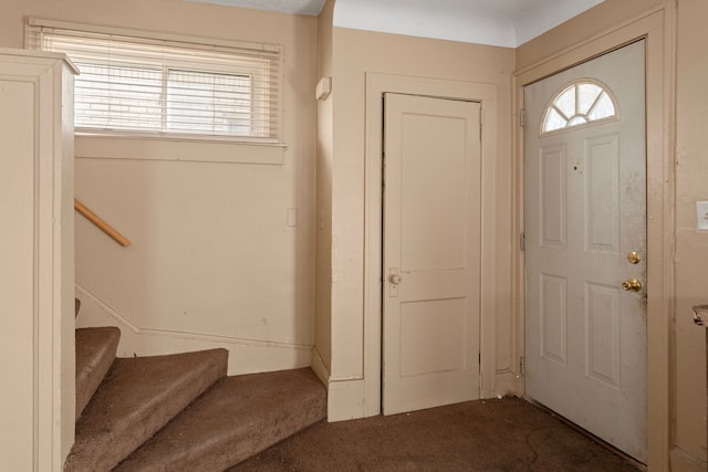 carpeted entryway with stairway and plenty of natural light