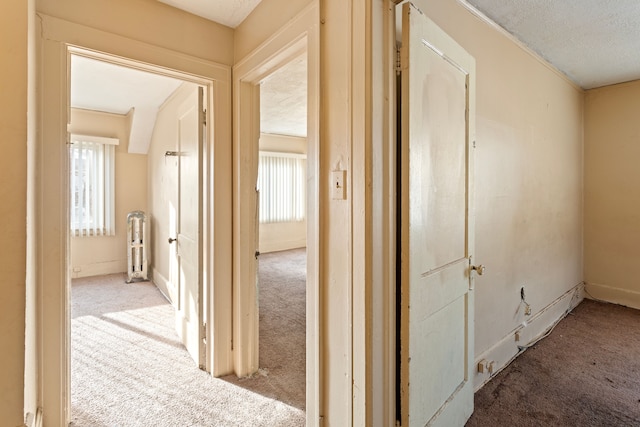 hallway featuring carpet and a textured ceiling